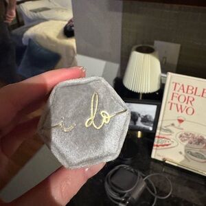 Gray Velvet Ring Box with Gold 'I Do' Embroidery